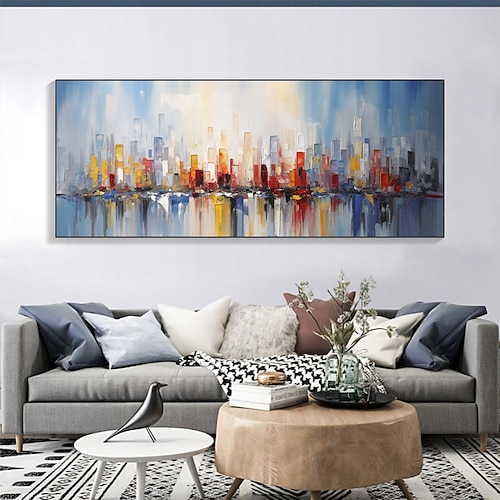 Handgefertigtes Original-Stadtbild-Ölgemälde auf Leinwand, Wandkunst, farbenfrohe Gebäude, Heimdekoration mit gespanntem Rahmen/ohne Gemälde mit Innenrahmen Image