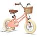 Petimini 14 Inch Little Kids Bike for Age 3 4 5 Years Old Girls Retro Vintage Style Bicycles with Basket Training Wheels and Bell Peach