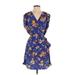 Bar III Casual Dress - Mini V-Neck Short sleeves: Blue Floral Dresses - Women's Size X-Small