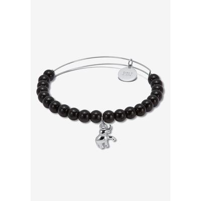 Women's Natural Black Onyx Silvertone Elephant Charm Bangle, 7.5 Inches by PalmBeach Jewelry in Black