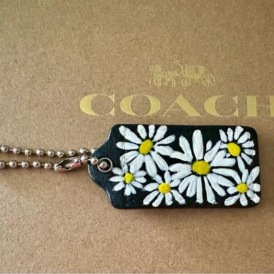 Coach Accessories | Coach Black Leather Custom Handpainted White Daisies Keychain Hang Tag Bag Charm | Color: Black/White | Size: Os