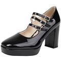 Women Patent Leather Mary Jane Square Toe Platform Court Shoes Ankle Strap Block Heel Pumps Triple Buckle Party Wedding Dress Shoes(Black,UK Size 3.5)