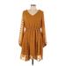 Fashion Collection Casual Dress - Mini V Neck 3/4 sleeves: Brown Solid Dresses - Women's Size Large