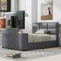 Latitude Run® Queen Size Upholstery TV Platform Bed Frame w/ Height- Adjustable Headboard & Support Legs Upholstered/ in Gray | Wayfair