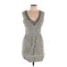 BCBGMAXAZRIA Casual Dress - Mini V Neck Sleeveless: Gray Tweed Dresses - Women's Size Large