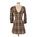 Free People Casual Dress - A-Line V-Neck 3/4 sleeves: Brown Plaid Dresses - Women's Size 2