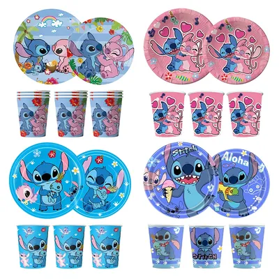 Disney Stitch Birthday Decoration Party Supplies Paper Cups Plates Tableware Set Blue Pink Lilo And