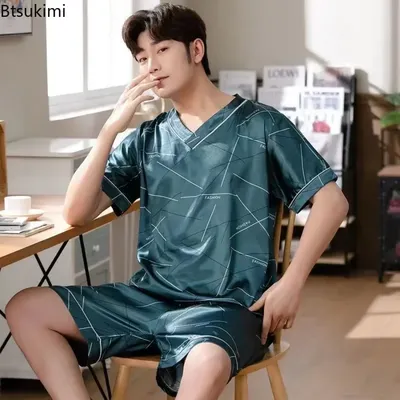 2025 männer Pyjamas Kurzarm Sommer Eis Seide Hause Kleidung Männer der Sommer Casual Dünne Image