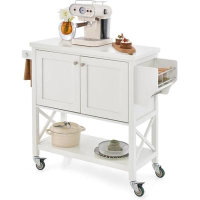 Küchenwagen auf Rollen, Servierwagen mit Schrank & Ablage, Rollwagen mit Handtuchhalter &