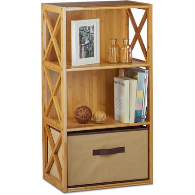Regal Bambus mit Korb, 3 Ablagen, Holz Standregal, Badregal, Faltbox, HxBxT: 80 x 42 x 29 cm, natur Image