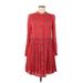 Lucky Brand Casual Dress - A-Line High Neck Long sleeves: Red Print Dresses - Women's Size Medium