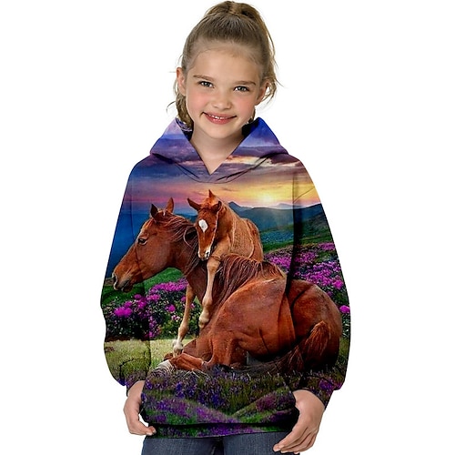 Mädchen 3D Tier Pferd Kapuzenshirt Langarm 3D-Druck Herbst Winter Modisch Strassenmode bezaubernd kinderkleidung 3-13 Jahre Outdoor Täglich Innen Regular Fit Image
