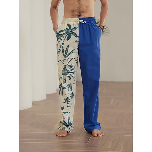 Herren Kokospalme Grafikdrucke Leinenhosen Hose Sommerhose Mittlere Taille Streetwear Hawaiianisch Designer Lässig Täglich Ferien Kordelzug Elastischer Bund 3D-Druck Frühling Sommer 3D-Druck Blau Image