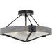 YONG 16 3-Light Semi-Flush Mount Ceiling Light Fixture + Textured Glass Shade Black + Gray Oak Style Wood Finish