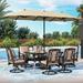 & William Patio Table and Chairs with 10ft 3 Tier Auto-tilt Beige Umbrella 6 Piece Outdoor Table Furniture Set with 4 Padded Swivel Rocker Dining Chairs 1 Square Metal Table and 1 U