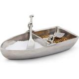 Pewter Row Boat Salt/Pepper Cellar Spice Sauce Server With Pewter Oar Salt Spoons Coastal Theme 3.75 Inch Long