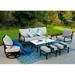 VILLA 4 Piece Patio Conversation Sets Outdoor Deluxe Metal Furniture Patio Set with 3 Seater Padded Deep Seating Bench 2 Swivel Cushioned Armrest Sofa Chairs and 1 Good-Looking Coffee