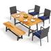 PHI VILLA 6 Piece Outdoor Wooden Dining Set for 6 1 Acacia Wood Dining Table & 1 Bench 4 Cushioned Rattan Dining Chairs Farmhouse Furniture Set for Patio Yard Deck Porch