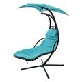 Hanging Chaise Lounger with Removable Canopy Outdoor Swing Chair with Built-in Pillow Hanging Curved Chaise Lounge Chair Swing for Patio Porch Poolside Hammock Chair with Stand Blue