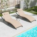 xrboomlife Lounge Chair for Outside 3 Pieces Chaise Lounge Outdoor Folding Pool Lounge Chairs Including Table Rattan Patio Set Dark Blue