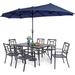 VILLA 7 Piece Outdoor Dining Set with Umbrella for 6 60\u201D Rectangular Metal Dining Table & 6 Stackable Metal Chairs & 13ft Large Beige Umbrella for Outdoor Deck Yard Porch