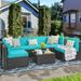 JAMFLY 7 Pieces Patio Outdoor Sectional Sofa Furniture Sets All-Weather Black Wicker Rattan Conversation Sets with Tea Table and Washable Couch Cushions Light Blue