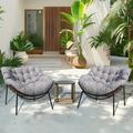 VIXLON 3 Piece Outdoor Rattan Papasan Chair Set of 2 with Side Table Thick Cushion for Balcony Porch Garden Yard