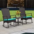 Outdoor PE Wicker Porch Rocking Chair 3 Piece Patio Bistro Set Garden Conversation Furniture Brown Rattan with Glass Top Coffee Table Turquoise Cushion