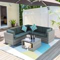 UEV 7 Piece Patio Outdoor Furniture Set Outdoor Dining Sectional Sofa Couch with Dining Table & Chair and Ottoman Patio Clearance Sets Patio Dining Furniture Set(Grey Rattan/Blue Cush