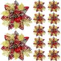 Zhuge Artificial Poinsettias Christmas Glitter Flowers with Clips Xmas Tree Ornament (Red Black with Snowflake 12 Pieces)