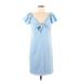 Nine West Casual Dress - Shift Tie Neck Short sleeves: Blue Solid Dresses - Women's Size 12