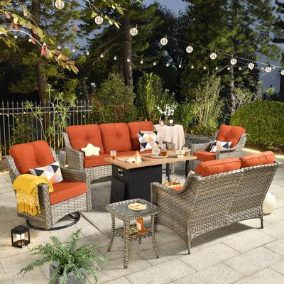 HOOOWOOO 6-piece Wicker Outdoor Conversation Set Swivel Chairs with Fire Pit