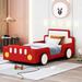 Twin Size Race Car-Shaped Platform Bed with Wheels, PU Leather Car Bed Frame with Headboard and Footboard, Floor Bed for Kids