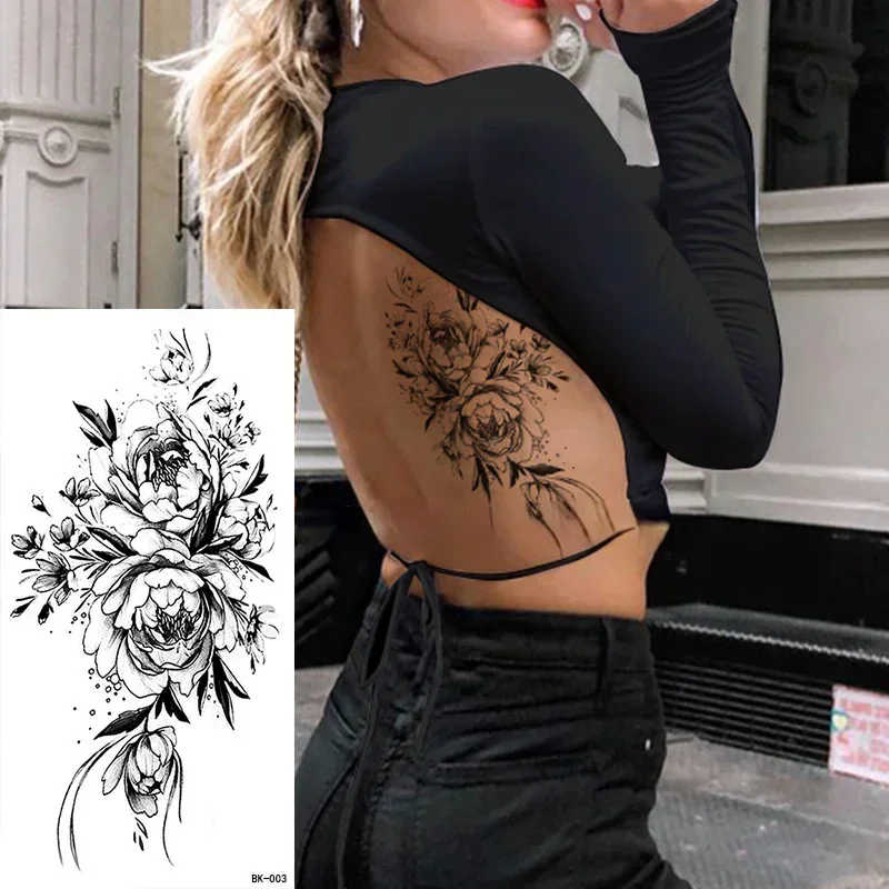 Schwarze Blume Frauen Sexy Tattoo Aufkleber Frauen Dot Rose Pfingstrose Körper Brust Kunst Temporäre Tattoos Wasser Transfer Gefälschte Tattoo Aufkleber