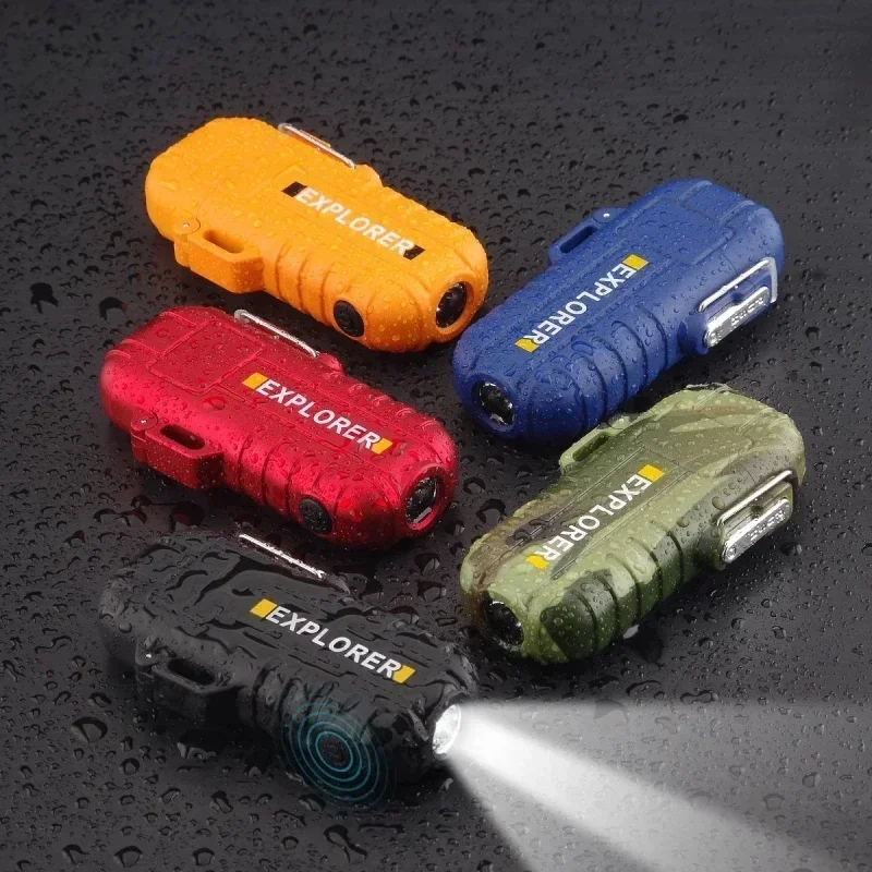 Wasserdichtes Plasma-Feuerzeug mit Taschenlampe, individuelles winddichtes Lichtbogenfeuerzeug, Outdoor-USB-Feuerzeug, Überlebenspfeife und Umhängeband Image