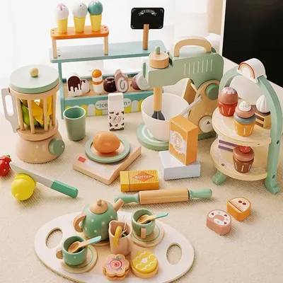 Wooden Kitchen Toys Pretend Play Coffee Mixer Tea Time Set Kids Cooking Accessories Play Food