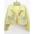 Chic Floral Embroidery Crop Denim Coats Women Lapel Long Sleeve Single Breasted Jeans Jacket Vintage