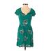 American Eagle Outfitters Casual Dress - A-Line V-Neck Short sleeves: Teal Print Dresses - Women's Size 0