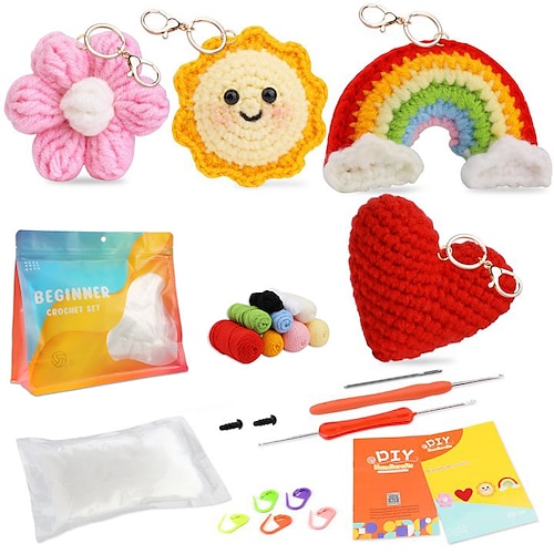 Anfängerset zum Häkeln mit Schritt-für-Schritt Videoanleitungen Strickset für Anfänger Süßer Sonnenregenbogen Stern Mond Liebe Anhänger Handgemachte Wolle Häkeln Material Tasche Weihnachtsgeschenk