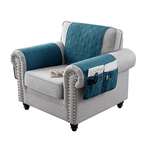 100 % wasserdichte Armlehnen-Schonbezüge, Rückenlehnen-Set, gesteppter Sofa-Armlehnenbezug mit einer Seitentasche für 1/2/3 Liegesitz-Kopfstützenbezüge, rutschfester Möbelschutz für Sofa-Liegestuhl Image