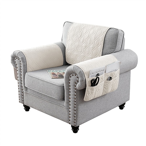 100 % wasserdichte Armlehnen-Schonbezüge, Rückenlehnen-Set, gesteppter Sofa-Armlehnenbezug mit einer Seitentasche für 1/2/3 Liegesitz-Kopfstützenbezüge, rutschfester Möbelschutz für Sofa-Liegestuhl Image