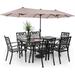 & William Patio Dining Set for 6 with 13ft Double-Sided Patio Umbrella 8 Piece Metal Outdoor Table Furniture Set - 6 Outdoor Chairs 1 Rectangle Dining Table and 1 Large Navy Blue Um