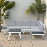 EUROCO Industrial Aluminum Outdoor Patio Furniture Set 5-Piece Modern Garden Sectional Sofa Set with End Tables Coffee Table and Furniture Clips Conversation Set Corner Sofas for Backyard Grey