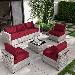 7-Piece Outdoor Patio Furniture Set with 5 High-Resiliency Seat Cushions Light Grey Gradient Wicker Sectional Sofa Modular Wicker Patio Conversation Set With coffee table-Grey/Burgundy