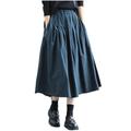 Gyios skirt Women Cotton Linen Casual Skirts Spring Vintage Style Plaid Print High Waist Female A-line Long Skirt-blue-l