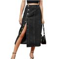 FXSMCXJ Denim Skirt Single Breasted Jean Long Skirt Women Pocket Casual Half Elastic High Waist Straight Cargo Denim Skirts-black Gray-xl