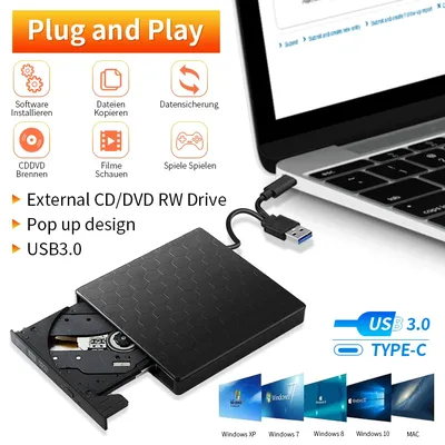 2in1 USB 3,0 C Schlanke Externe DVD RW CD Writer Laufwerk Brenner Leser Player Optische Laufwerke Für Laptop PC DVD Brenner DVD Portatil