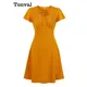 Tonval-Robe de cocktail vintage pour femme col montant taille haute orange manches courtes