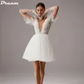 DREAM-Mini robe de mariée en tulle à pois col en V profond manches courtes bouffantes dos nu