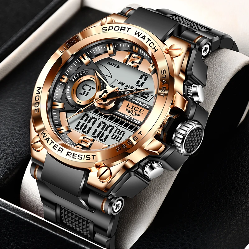 LIGE Digitale Männer Militär Uhr 50m Wasserdichte Armbanduhr LED Quarz Uhr Sport Uhr Männliche Große Uhr Männer Relogios Masculino + BOX Image